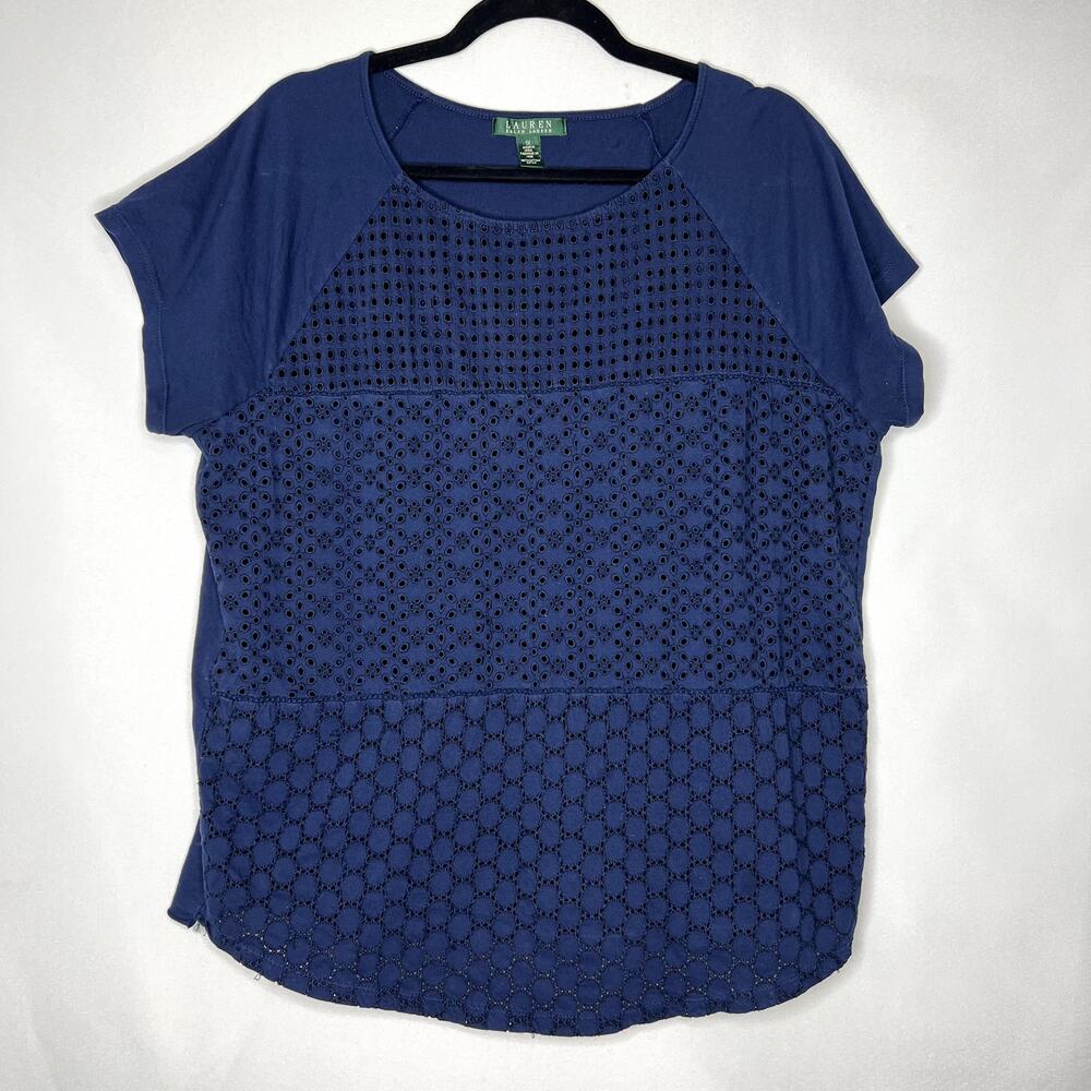 Plus Sized LAUREN RALPH LAUREN Navy Eyelet Short Sleeve Shirt Size